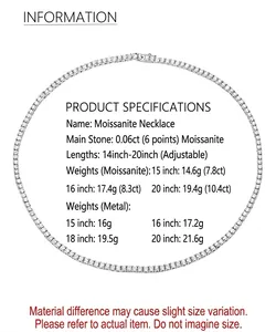 Weight and length specification chart for 2.5mm Moissanite 925 silver tennis necklace