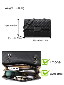 Bolso de hombro acolchado negro con dimensiones y gran capacidad interior