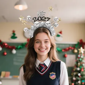2027 NYE party headband with silver disco balls and gold stars for celebrations