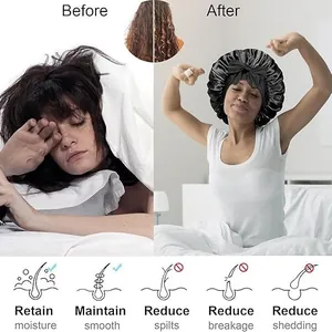 Bonnet de nuit en satin avant et après montrant les bienfaits pour l'hydratation