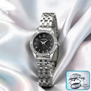 Luxury Women Fashion Quartz Watch Small Dial Rhinestone Bezel Alloy Link Bracelet Wristwatch Analog Display Water Resistant Casual Jewelry Watch Gift