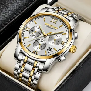 Elegant men's two-tone stainless steel watch with white dial, calendar, and luminous hands.