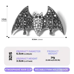 Detailed dimensions and weight chart for the Halloween rhinestone bat hair clip accessory