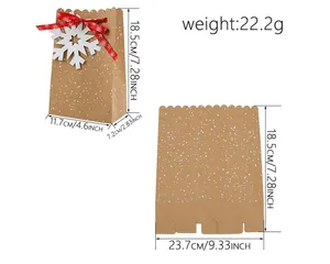Kerstcadeauzakje van kraftpapier met sneeuwvlokken en gedetailleerde afmetingen.