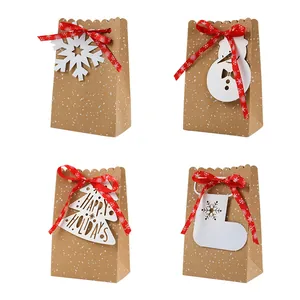 Europese Kerst Kraftpapier Cadeauzakjes Met Sneeuwstippen Rood Lint Vakantiekaarten Voor Feest Snoep Voedselverpakking
