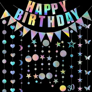 Decorazioni per Feste Iridescenti Ghirlanda a Stella e Cerchio Happy Birthday Banner Olografico Pendente per Compleanno Matrimonio Disco
