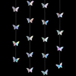3D Stereo Laser Holographic Butterfly Paper Garland Hanging String Decoration For Birthday Wedding Party Home Kids Room Decor