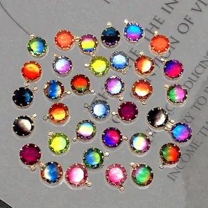 Round Faceted Natural Stone Gradient Crystal Pendant With Gold Plated Frame Circular Charm For DIY Jewelry Making Necklaces