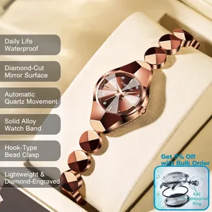 Wasserdichte Quarzuhr für Damen in Roségold mit facettiertem Glas und Schmuckarmband