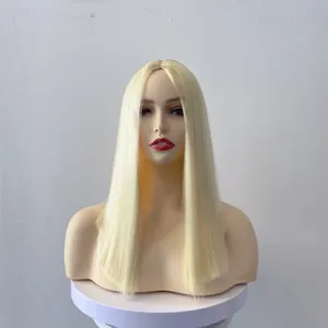 Front view of a long straight platinum blonde wig with a middle part on a mannequin