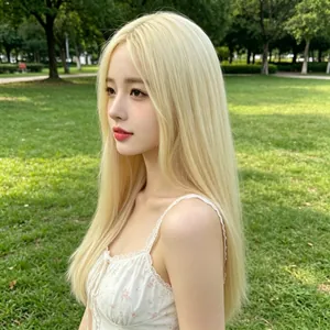 Detailed view of long straight platinum blonde synthetic hair wig on an Asian model in natural light