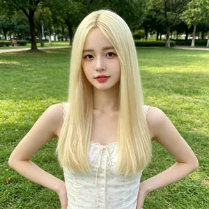 Detailed view of long platinum blonde straight wig with natural middle part styling