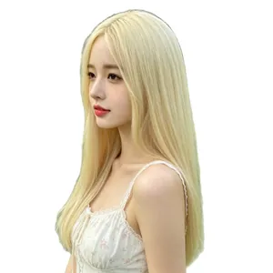 Long straight synthetic platinum blonde wig for women with stylish middle parting hair