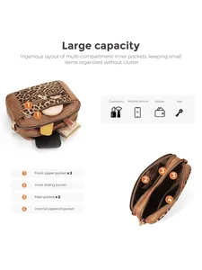 Detailed layout view of leopard print crossbody bag showing multiple inner storage pockets