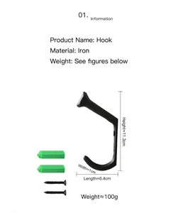 Detailed measurements of vintage black cast iron wall hook with installation screws