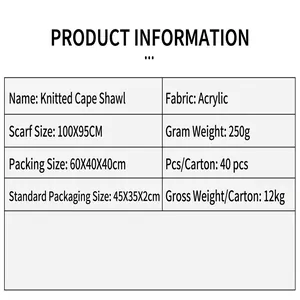 Tabla de especificaciones detallada para poncho de punto de mujer con talla y material