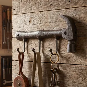 Perchero de pared rústico de hierro fundido con forma de martillo para decoración.