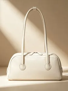 Bolso de Axila de Cuero PU Minimalista Vintage Costuras en Contraste Bolso de Hombro Bowling Bolso de Mano para Mujer