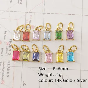 12-color rectangle zircon birthstone pendants with 14K gold plating for jewelry making.