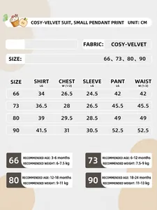Detailed size chart for baby cotton set showing measurements for age 3 to 24 months