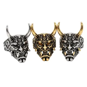 Retro Hannya Maske Ring Für Herren Titanstahl Langhorn Geistergesicht Ring Punk Gothisch Stil Gold Silber Bicolor Schmuck