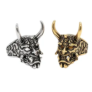 Retro japanische Hannya Maske Edelstahlring für Herren in antikem Silber und Gold