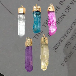 Natural Stone Crystal Point Pendant Irregular Quartz Hexagonal Column Raw Gemstone With Metal Cap For DIY Jewelry Making
