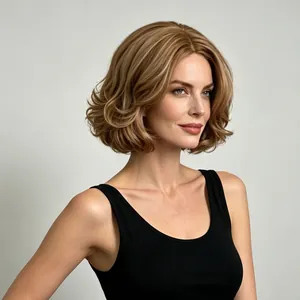 Détail de cette perruque courte blonde et ondulée pour femmes avec un style bob naturel.