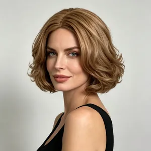Vue détaillée d'une perruque courte ondulée blonde avec raie au milieu pour femmes