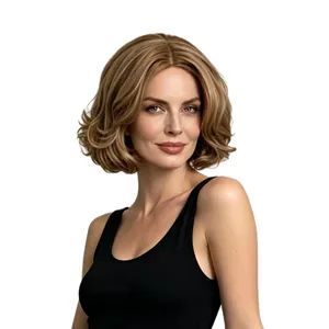 Perruque synthétique blonde courte bouclée avec raie au milieu pour femme, style bob.