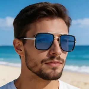 Close-up of stylish square frame sunglasses with blue lenses for outdoor protection