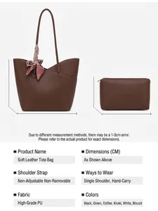 Elegant large capacity brown PU leather tote bag set with matching pouch and decorative scarf