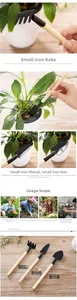 Vue détaillée de l'ensemble de 3 mini outils de jardinage avec manches en bois pour plantes