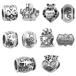 Set of antique silver alloy large hole charm beads with love and peace engravings for bracelets