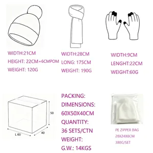 Detailed dimensions of winter knit hat scarf and touch-screen gloves set