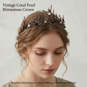 Detailed view of vintage dark coral branch crown adorned with rhinestones and pearls on model