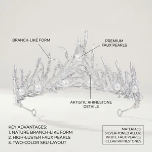 Elegant silver branch-style coral tiara featuring premium faux pearls and rhinestones
