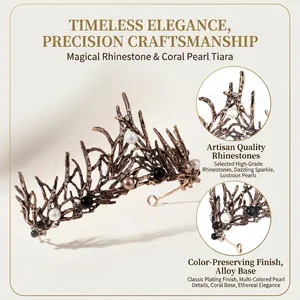 Retro dark coral branch crown with rhinestones and colorful pearls