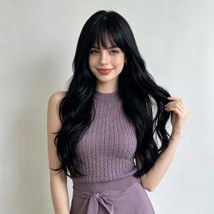 Detailed close-up view of a natural long wavy black wig with bangs worn by a model