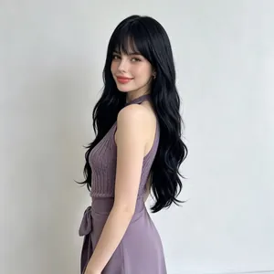 Long wavy black synthetic wig with bangs for a natural matte look on a model profile view.