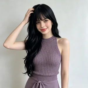 Close-up of a long black wavy synthetic wig featuring full bangs and natural matte silk