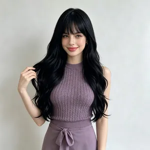Long Wavy Wig With Blunt Bangs Matte High Temperature Synthetic Fiber Heat Resistant Full Head Wig For Women Daily Party Wear