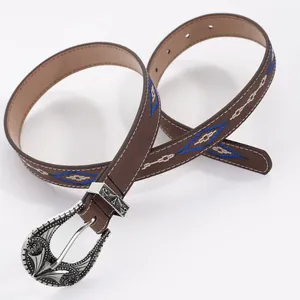 Women Retro Ethnic Embroidered PU Leather Belt Geometric Diamond Pattern Gold Buckle Bohemian Fashion Waist Belt For Ladies
