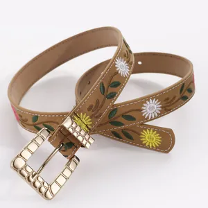 Vintage bohemian embroidered waist belt with daisy floral patterns and gold buckle for women