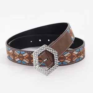 Vintage Bohemian embroidered belt with geometric pattern and silver hexagonal buckle