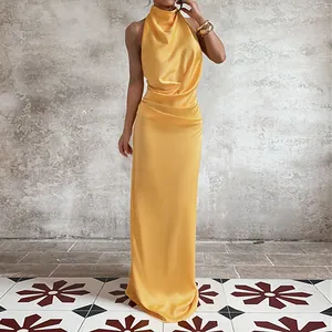 Robe Maxi En Satin À Dos Nu Col Montant Taille Haute Sans Manches Couleur Unie Élégante Soirée Vacances Été