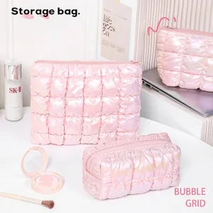 Iridescent Quilted Makeup Bag Puffy Grid Cosmetic Pouch Water Resistant Travel Toiletry Organizer Case For Women Girls