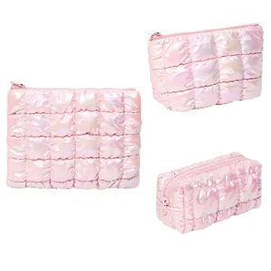 Neceser Acolchado Iridiscente Bolsa De Cosméticos Puffy Grid Organizador De Artículos De Tocador De Viaje Para Mujeres