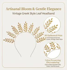 Detail view of gold Greek style leaf headband with 3D embossed leaf textures