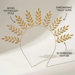 Detailed view of a golden halo headband with 3D embossed leaf patterns for bridal wear